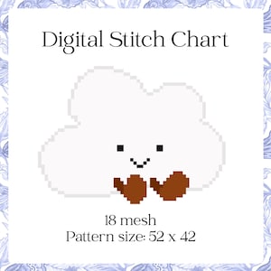 May include: Digital Stitch Chart showing a pixelated cloud with a smiling face and brown hands. The pattern size is 52 x 42, with 18 mesh. The image has a white background with a decorative blue floral border.