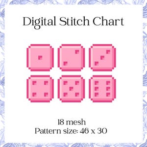 Può includere: Schema di punto croce digitale con sei dadi rosa pixelati, ognuno con un numero diverso di punti. Il testo "Digital Stitch Chart" è in alto. La dimensione del motivo è 46 x 30 cm.