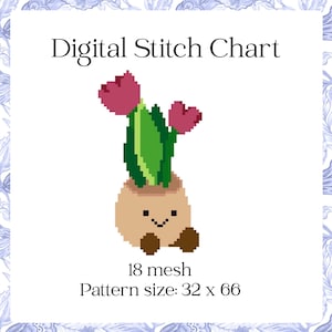 Pode incluir: Gráfico de ponto cruz digital com uma tulipa de desenho animado pixelizada com um rosto sorridente. A tulipa tem flores cor-de-rosa, folhas verdes e um bulbo castanho. O tamanho do padrão é 32 x 66.