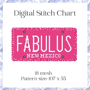Könnte beinhalten: Ein digitales Stickmuster mit einem rosa Nummernschild-Design, das "FABULUS NEW MEXICO" in weißen, pixeligen Buchstaben zeigt. Die Vorlage enthält den Text "18 mesh" und eine Mustergröße von 107 x 55 (ca. 107 cm x 55 cm).