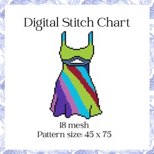 May include: Digital Stitch Chart featuring a pixelated dress design. The dress has a green top and a skirt with diagonal stripes in shades of purple, blue, green, and red. The text "18 mesh" and "Pattern size: 45 x 75" are also included.