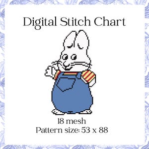 Puede incluir: Gráfico de punto de cruz digital con un conejo de dibujos animados con un peto azul y una camisa a rayas rojas y amarillas. El texto dice "Digital Stitch Chart", "18 mesh" y "Pattern size: 53 x 88". Fondo blanco con borde floral.