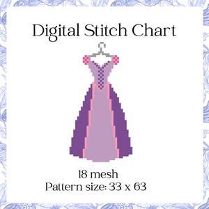 May include: Digital Stitch Chart featuring a pixelated purple and pink dress design. The dress is hanging on a silver hanger. The text "18 mesh" and "Pattern size: 33 x 63" are also displayed.