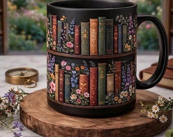 Dark Academia Bookshelf Mug, Vintage Floral Coffee Cup, Library Reader Gift