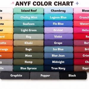 May include: A color chart titled ANYF COLOR CHART featuring a grid of folded fabric swatches in various shades including white, yellow, orange, green, blue, pink, red, and brown. Each swatch is labeled with its specific color name in white text.
