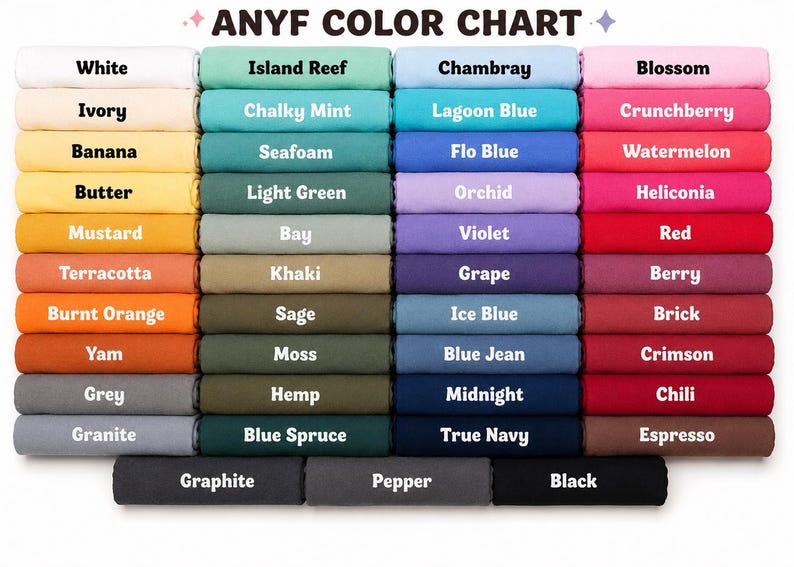 May include: A color chart titled ANYF COLOR CHART featuring a grid of folded fabric swatches in various shades including white, yellow, orange, green, blue, pink, red, and brown. Each swatch is labeled with its specific color name in white text.