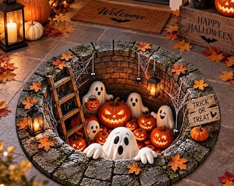 May include: A circular floor mat featuring a 3D-style illustration of a stone well filled with white ghost figures, orange jack-o'-lanterns, a wooden ladder, and lanterns. A wooden sign attached to the edge displays the text Trick or Treat.