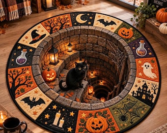 3D Halloween Black Cat Round Rug, Spooky Optical Illusion Carpet, Pumpkin Vortex Floor Mat, Witchy Fall Home Decor, Cat Lover Gift