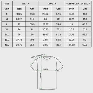 May include: A size chart for the Classic Unisex T-Shirt Comfort Colors 1717. The table lists width, length, and sleeve center back measurements in inches and centimeters for sizes S through 4XL, accompanied by a diagram of a t-shirt.