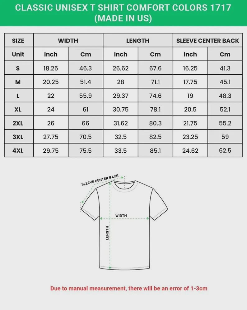 May include: A size chart for the Classic Unisex T-Shirt Comfort Colors 1717. The table lists width, length, and sleeve center back measurements in inches and centimeters for sizes S through 4XL, accompanied by a diagram of a t-shirt.