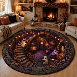 May include: A round area rug featuring a 3D-style illustration of a stone dungeon interior with a staircase, a purple door, shelves with potions, and several white ghost figures. The scene includes orange pumpkins, autumn leaves, and string lights.