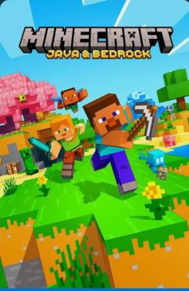 May include: A vibrant image featuring the Minecraft logo with the text "JAVA & BEDROCK". The scene depicts pixelated characters running through a colorful landscape with a blue sky, pink trees, and various creatures.