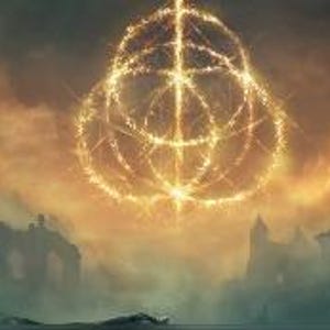 Könnte beinhalten: Ein digitales Kunstbanner für das Videospiel Elden Ring. Das Bild zeigt den Titel des Spiels in goldfarbenen Buchstaben vor dem Hintergrund einer himmlischen Landschaft mit einem leuchtenden, komplizierten Symbol.