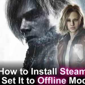 Könnte beinhalten: Digitalillustration mit zwei Charakteren aus einem Videospiel vor dunklem, regnerischem Hintergrund. Der Text "How to Install Steam & Set It to Offline Mode" ist unten im Bild zu sehen.