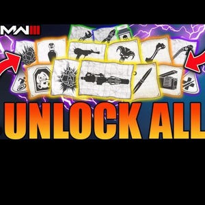May include: A promotional image with the text "UNLOCK ALL" in orange and yellow. The image features various black and white icons on white backgrounds, including weapons and symbols, against a purple and black background.