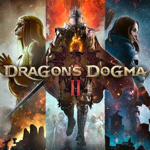 Pode incluir: Imagem promocional de "Dragon's Dogma II" com uma figura central blindada em chamas, ladeada por dois personagens. O título do jogo está em letras douradas, com um emblema de dragão. A estética geral sugere um jogo de ação e fantasia.