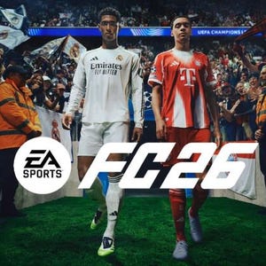 Może przedstawiać: Dwóch piłkarzy w koszulkach idzie po zielonym boisku, otoczonych przez tłum. Logo EA Sports znajduje się w lewym dolnym rogu. Tekst "FC26" jest dużymi białymi literami. Jeden z graczy ma na sobie białą koszulkę z napisem "Emirates Fly Better".