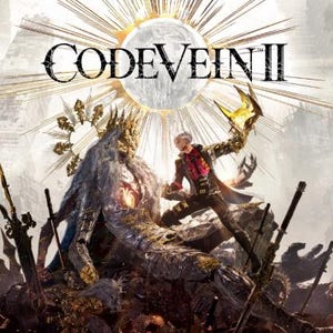 Op de afbeelding: Digitale illustratie voor "CODE VEIN II" met een dramatische scène met twee figuren. Eén figuur is een grote, gekroonde entiteit, de andere een kleinere figuur in een dynamische pose. De titel is prominent weergegeven.