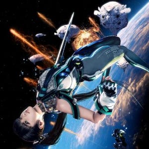 May include: A futuristic female figure in a space suit, floating in space with a sword. The suit is white, teal, and black, with intricate details. Asteroids and a planet are visible in the background, with streaks of light.