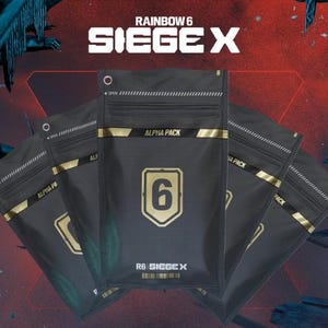 May include: Several black Alpha Pack pouches with gold accents are displayed against a red and black background. The pouches feature the number 6 in a gold shield, the text "ALPHA PACK", and the "R6 SIEGEX" logo. The top of the pouches have a zipper and the word "OPEN".
