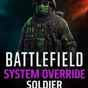 May include: Digital artwork of a soldier in tactical gear, helmet, and face covering, with green and black camouflage. The image features the text "BATTLEFIELD SYSTEM OVERRIDE SOLDIER" and console logos for PS4/5, PC, and Xbox.