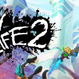 Puede incluir: Ilustración digital vibrante con el texto "HIGH ON LIFE 2" en blanco sobre un fondo negro salpicado. Una figura futurista en monopatín se muestra en movimiento, con un colorido paisaje urbano de fondo.