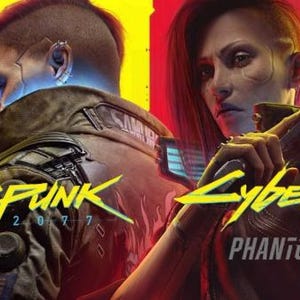 Puede incluir: Ilustración de Cyberpunk 2077 con dos personajes. El título amarillo muestra "Phantom Liberty" debajo. El fondo está dividido entre amarillo y rojo.
