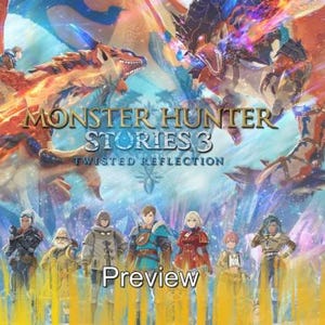 Puede incluir: Imagen promocional de "Monster Hunter Stories 3: Twisted Reflection" con un diseño vibrante de fantasía. La obra de arte muestra dos grandes criaturas con forma de dragón, detalladas, con el título del juego en un lugar destacado. Un grupo de personajes se encuentra en la parte inferior, con la palabra "Preview" debajo.