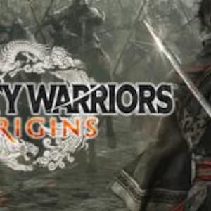 Könnte beinhalten: Das Bild zeigt den Text "DYNASTY WARRIORS ORIGINS" in Rot und Weiß, mit einem drachenartigen Emblem. Eine Person in dunkler Kleidung hält ein Schwert, von hinten gesehen, mit einem verschwommenen Hintergrund von Soldaten.