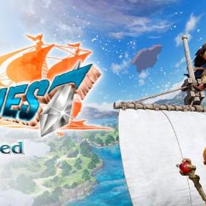 Może przedstawiać: Logo Dragon Quest VII: Reimagined z żaglowcem i postaciami. Logo jest niebiesko-białe z pomarańczowymi akcentami. Kilka animowanych postaci znajduje się na statku, z niebieskim niebem i chmurami w tle.