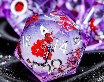 DND Dice Set | Plum Blossom Liquid Core Dice | Handmade Sharp Edge Resin Dice | Polyhedral RPG Dice for D&D | D20 TTRPG Gift for Gamers