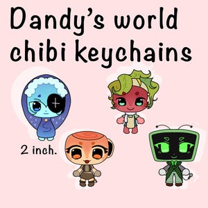 May include: Image shows four chibi keychains. The keychains are cartoon characters with unique designs, including a blue character with a cross eye patch, a red character with green leaves, an orange character, and a green TV character. The keychains are approximately 5 cm in height.