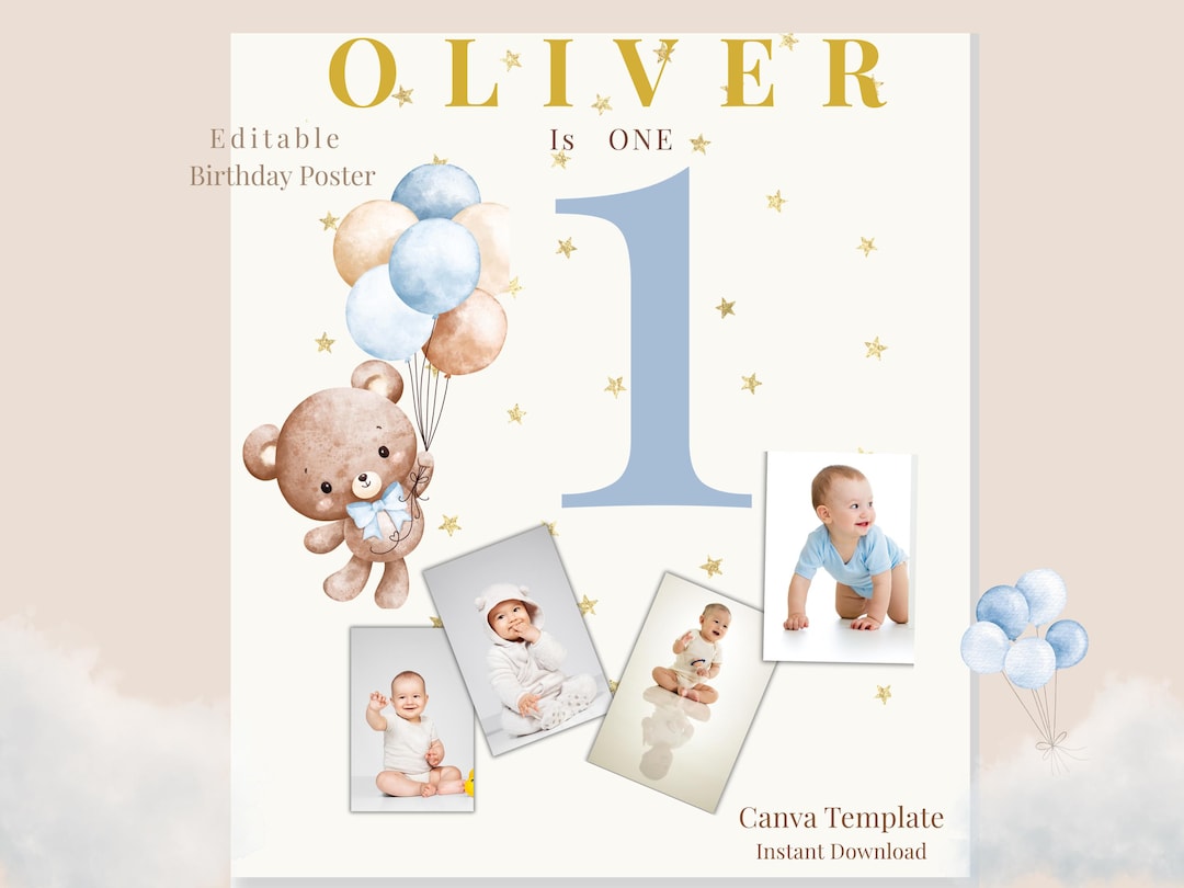Editable First Birthday Poster Canva Template, Teddy Bear Baby Boy