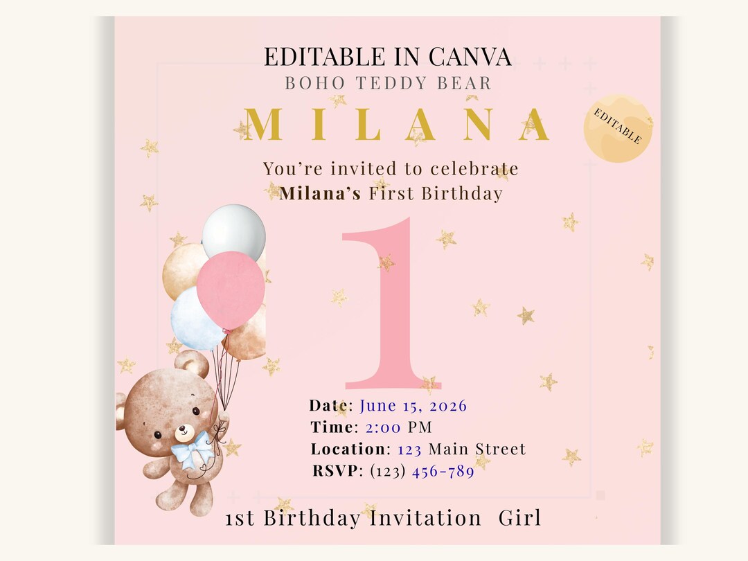 Pink Teddy Bear 1st Birthday Invitation Girl Editable Canva Template ...