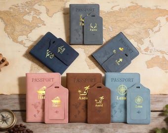 Custom Passport Holder, Personalized Luggage Tag, Custom Leather RFID Passport Cover, Engraved Passport Wallet with Luggage Tag,Travel Gifts