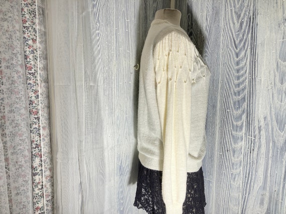 Ivory Knit Cardigan With Puffy Sleeves & Pearl Tr… - image 2