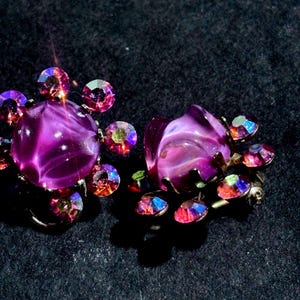 Schiaparelli Pink Molded Glass Roses & A.B. Rhinestone Clip on Earrings