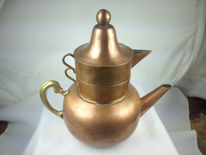 Vintage Copper /& Brass Teapot with Fitted Creamer Cup and Bell