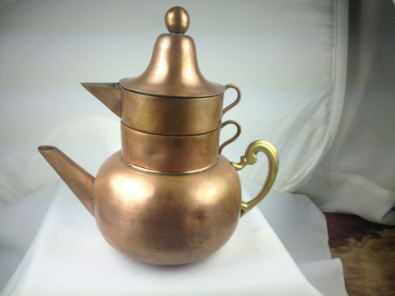 Vintage Copper /& Brass Teapot with Fitted Creamer Cup and Bell