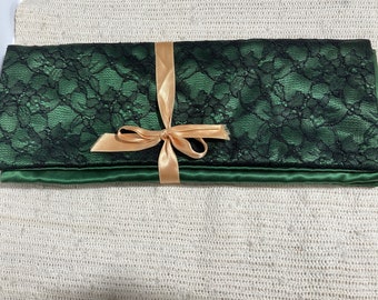 Green Satin and Black Lace Lingerie Bag