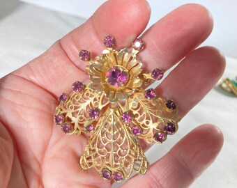 Gold Filigree and Purple Rhinestone Angel Brooch