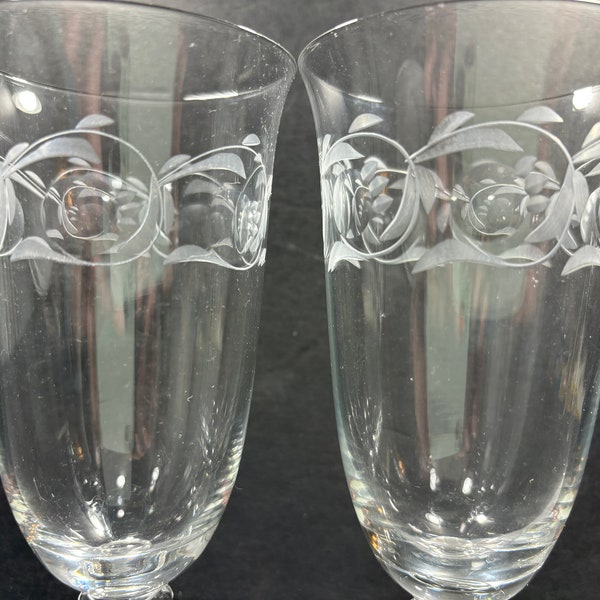 A Pair of Heisey Lariet with Moonglow Etch Footed Ice Tea Glasses