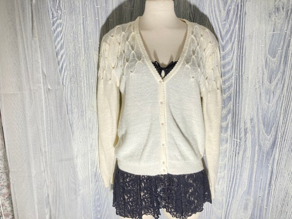 Ivory Knit Cardigan With Puffy Sleeves & Pearl Tr… - image 1