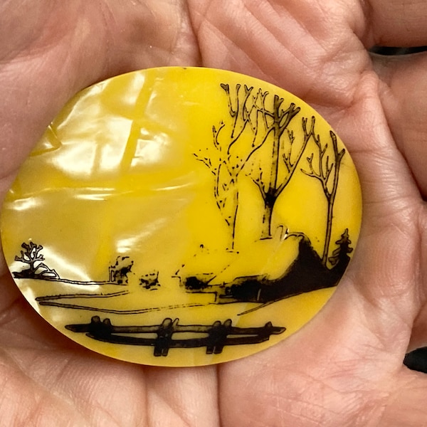 Antique Celluloid Brooch with Painted Scene