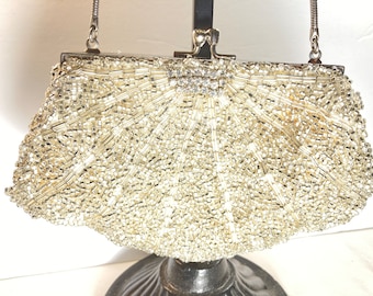 Beaded Evening Bag with Rhinestone Snap Clasp Hand Made in Hong Kong