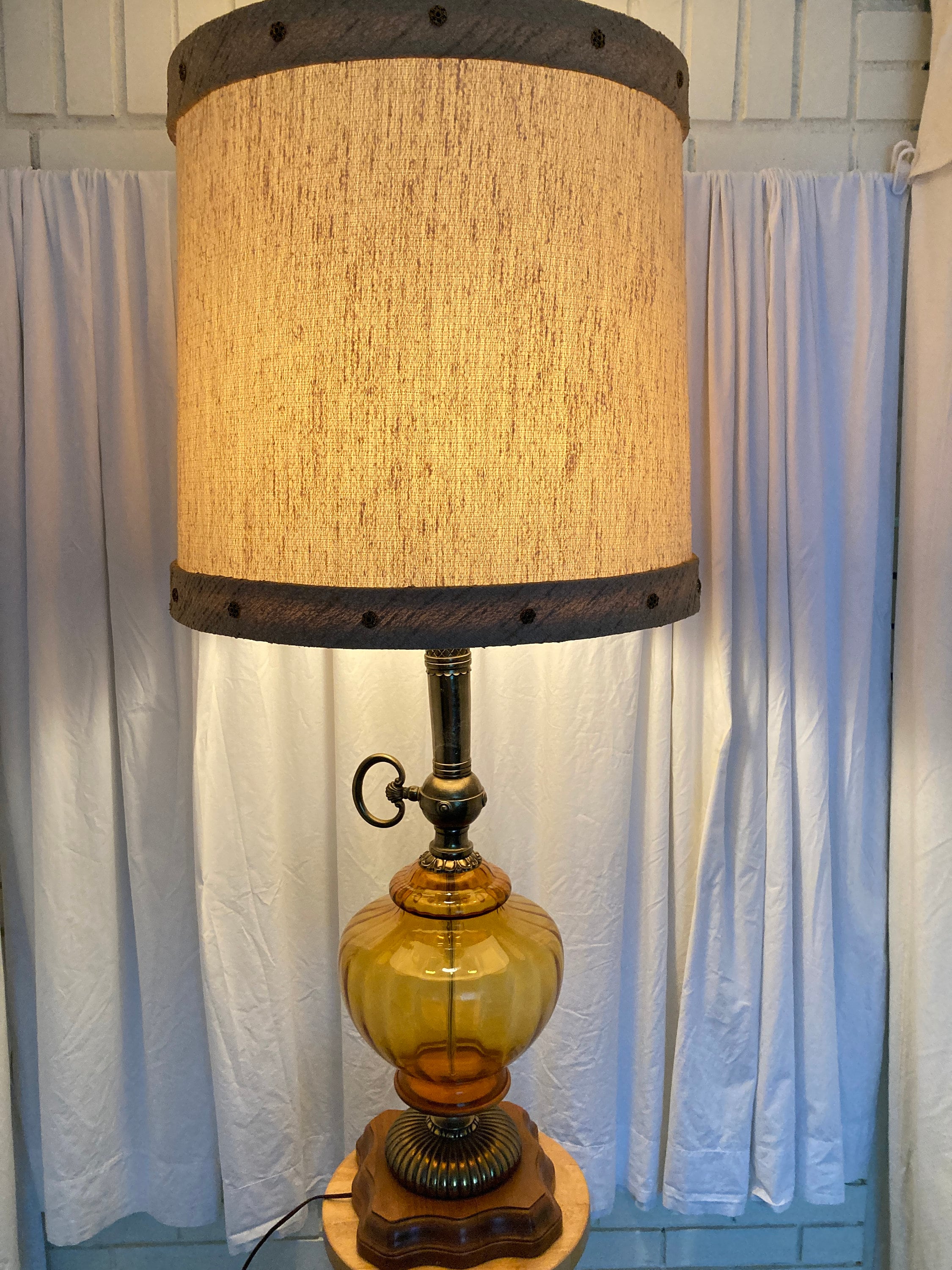 Mid Century Table Lamp amber orb vintage 1960's eames era Crackle Art Glass 