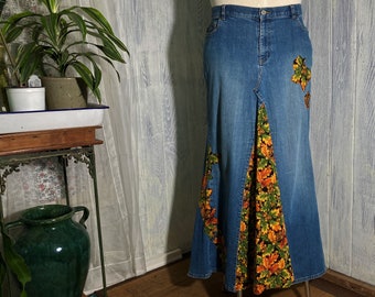 Vintage Ralph Lauren Jeans Appliqued Denin Maxi Skirt size 16