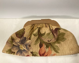 Vtg Bark Cloth Purse with Wood Handle