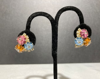 Pastel Multi-Color Rivolli Rhinestone Clip On Earrings