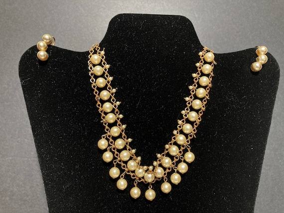 Antique Pearl Drop Fringe Collar Necklace & Earri… - image 1